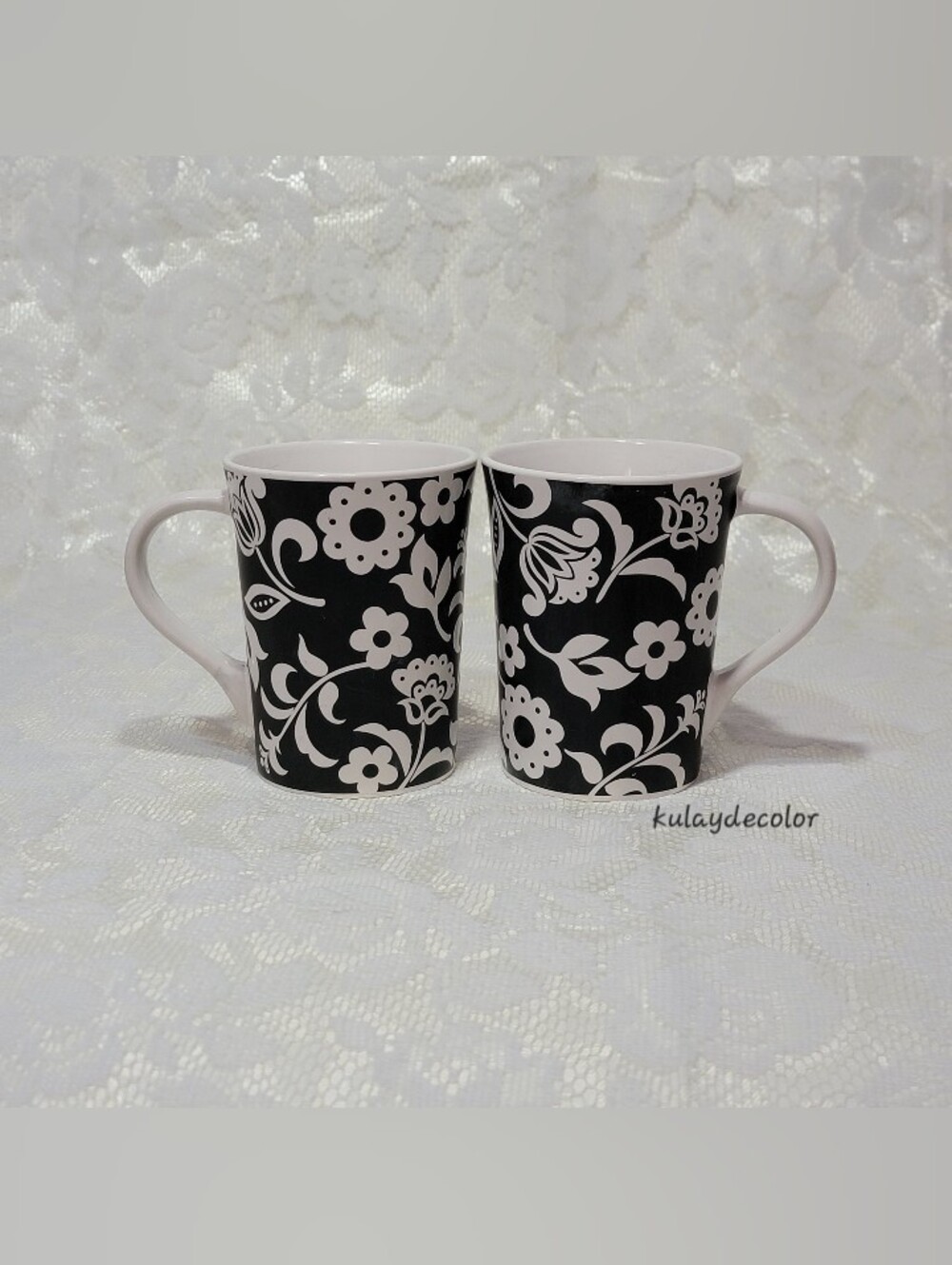 Room Creative Blooms 2008 Signature Housewares Black White Floral Coffee Mugs